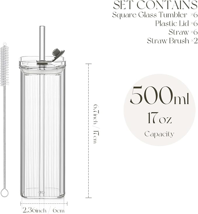 KEMORELA 6 Sets Glass Cups with Lids & Straws, Square Ribbed Drinking Glasses with Lids, Clear Highball Tumblers for Cocktail, Coffee, Juice, Beer, Modern Mixed Drinkware Jars