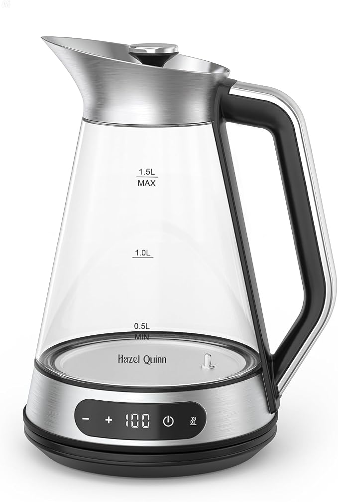 Hazel Quinn Glass & Stainless Steel Electric Kettle, 1.5 Liters Tea Kettle | Quiet Boil, ±1°C Temp Control, 24H Keep Warm, Anti-Residue Bottom, Auto Shut-Off, BPA-Free Hot Water Kettle, 1000W Fast Boil