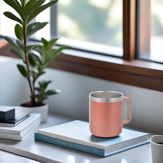 Volhoply 14oz Insulated Stainless Steel Coffee Mug with Lid Bulk 8 Pack,Double Wall Vacuum Travel Coffee Cup with Handle,Reusable Cups Tumbler Cup,Camping Mugs Keep Hot,Ideal Gifts(Rose Gold,8)