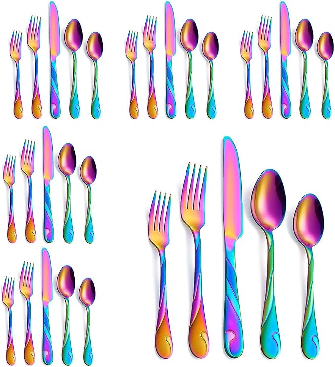 Rainbow Silverware Set for 6, 30-Piece Stainless Steel Flatware Set, Shiny Rainbow Metal Cutlery Set, Include Fork, Knife and Spoon Set, Dishwasher Safe