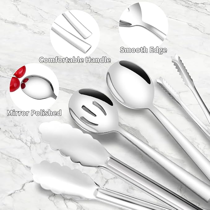 12 Piece Serving Utensils, Amafox Stainless Steel Serving Utensils Set Include Large Spoons, Slotted Spoons, Ktichen Tongs, Ice Tongs for Party Buffet Catering Banquet (Silver)