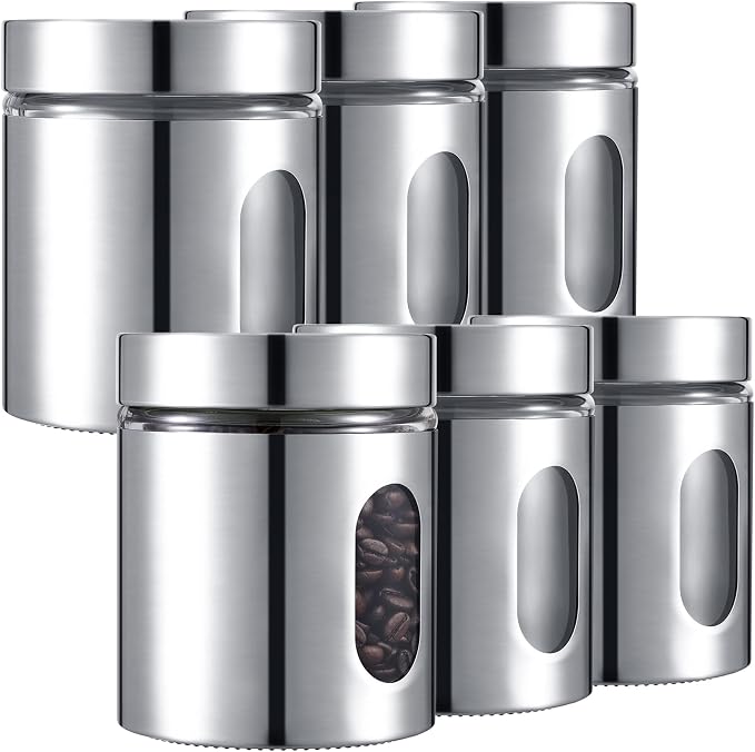 6 Pack Kitchen Canisters Set Airtight Coffee Sugar Tea Candy Storage Jars with Window Glass Stainless Steel Containers with Lids for Flour Cookies Spices Grains Kitchen Decorations(20 oz)