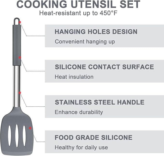 E-far Silicone Cooking Utensils Set, 7-Piece Gray Kitchen Utensils Set | Heat Resistant Nonstick Cookware with Stainless Steel Handle, Slotted Turner, Spoon, Soup Ladle, Pasta Server, Skimmer, Tongs