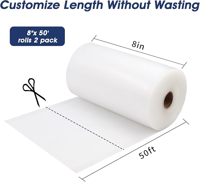 Vacuum Sealer Bags 2 Rolls 8"x50' Commercial Grade Food Saver Bags Rolls for Seal a Meal, BPA Free, Heavy Duty, Great for vac Storage, Meal Prep or Sous Vide