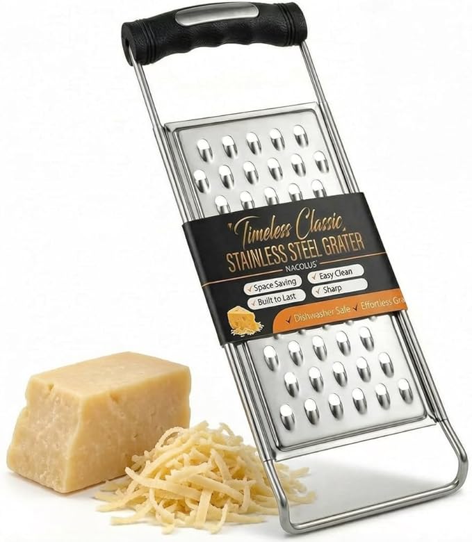 NACOLUS Classic Stainless Steel Cheese Grater with Handle, Coarse Shredder | solid stainless steel,ergonomic grip handle,parmesan vegetables chocolate,extra-wide blade,quick shredding,RV small kitchen