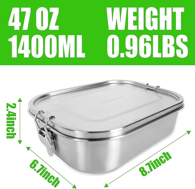 UPTRUST Stainless Steel Bento Box for Kids, 3-Compartment (47oz/1400ML) | Metal Bento Lunch Box for Kids or Adults, 3 Compartment Packing Box for Work Lunch