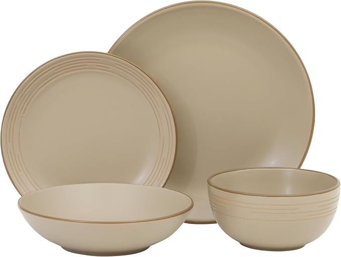 Gibson Home Chiswick House 16-Piece Stoneware Dinnerware Set, Round Plates and Bowls Set for 4, Beige with Wax Relief Embossed Rim Detail, Dishwasher Safe – Dinner Plate, Salad Plate & Cereal Bowl