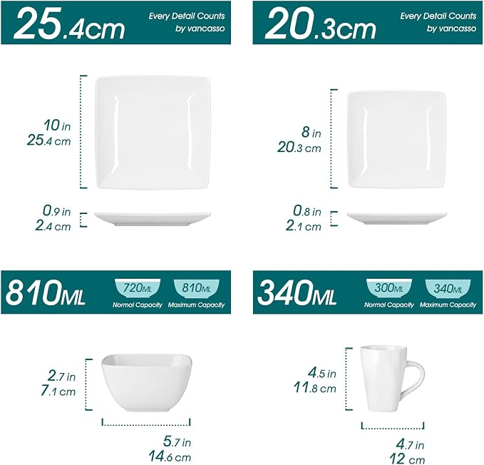vancasso Soho Dinnerware Sets 24 Pieces, White Stoneware Square Place Setting, Dinner Plate, Dessert Plate, Cups and Plates Sets for Kitchen, Dish Set for 6, White