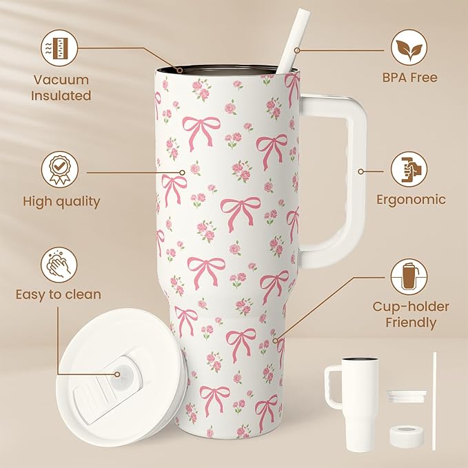 Bow Tumbler with Handle 40oz, Stainless Steel Insulated Tumblers Coffee Travel Cup with Slider Straw Lid, Gifts for Women Teen Girls Birthday