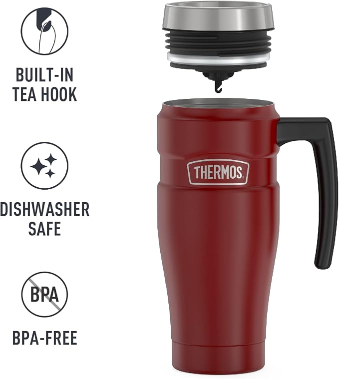 THERMOS Stainless King Vacuum-Insulated Travel Mug with Handle - 16oz, Rustic Red, Thermos Tumbler for Hot/Cold Drinks, Leak-Proof & Sweat-Proof Stainless Steel Coffee Mug with Lid (Pack of 4)
