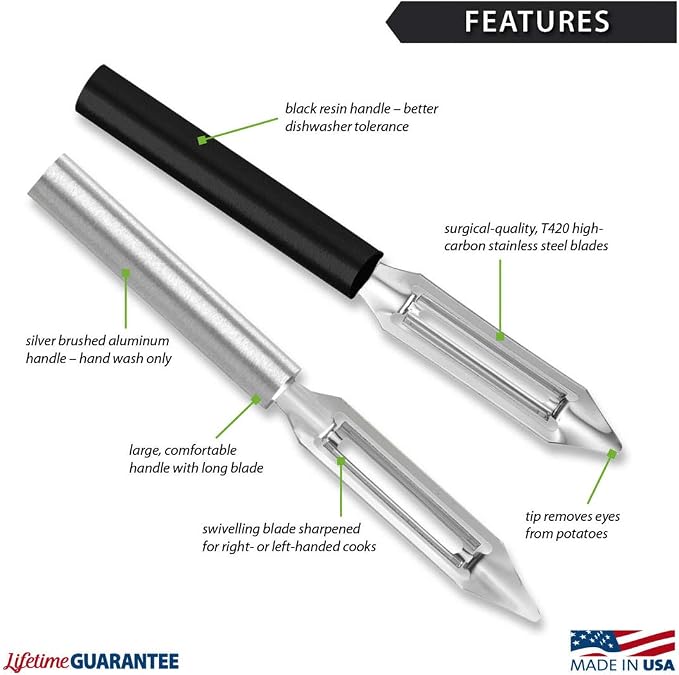 Rada Cutlery Deluxe Vegetable Peeler (R141), Silver Handle | 2" Stainless Steel Swiveling Blade, Silver Cast Aluminum Handle