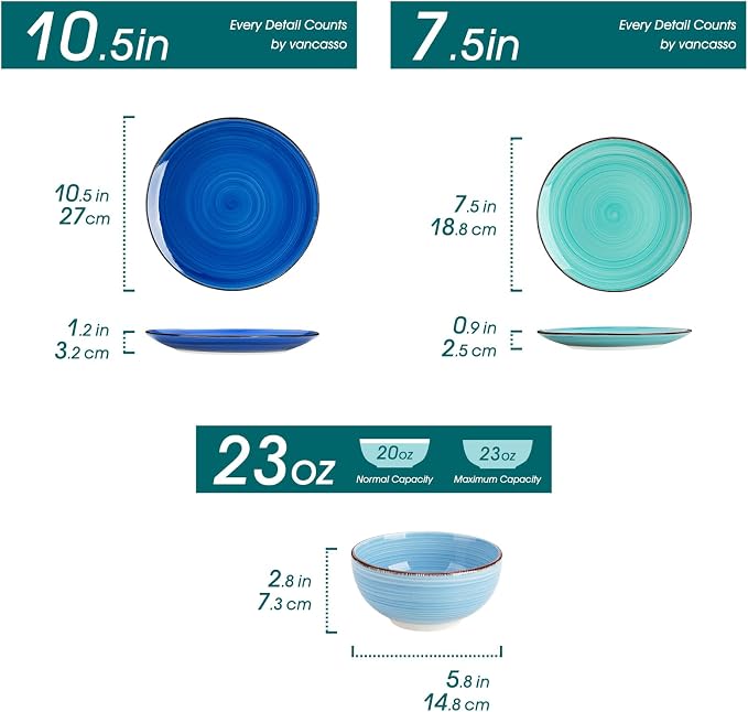vancasso Bonita Dinnerware Sets 12 Pieces for 4, Ceramic Dishes Set Blue | Hand-Painted Spiral Plates and Bowls Set, Modern Kitchen Plate Set-Microwave and Dishwasher Safe (Blue,12 Pcs)