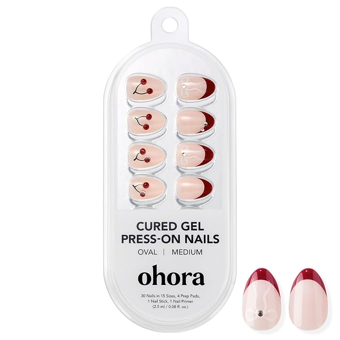 ohora Gel Press On Nails | Red, French, Medium Oval | Cherry Pop | Salon-Quality, 100% Real Gel, No UV Lamp, No Glue, Non-Toxic | 15 Sizes, 30 Tips | Long Lasting press ons, K beauty nails