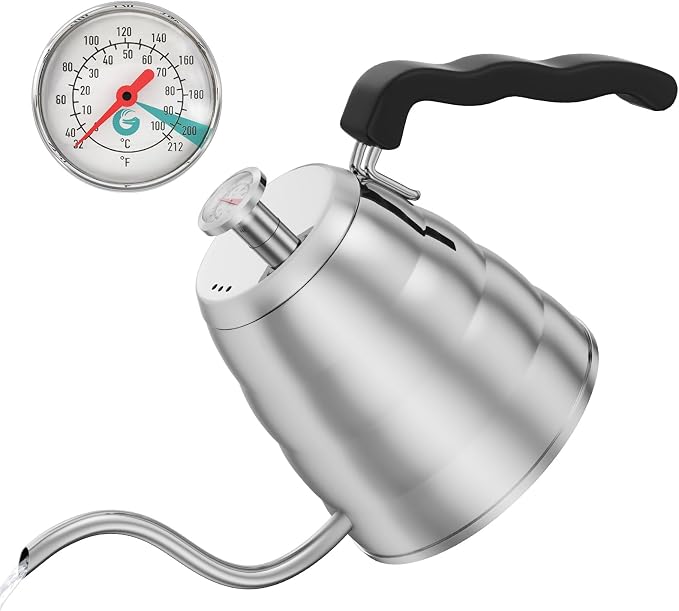 Coffee Gator Gooseneck Kettle with Thermometer - 40oz | Stainless Steel Pour Over Maker, Stove Top, w/Precision Drip Spout, for Drip Coffee, French Press, Tea Kettle , 5 Cup, 1.2L