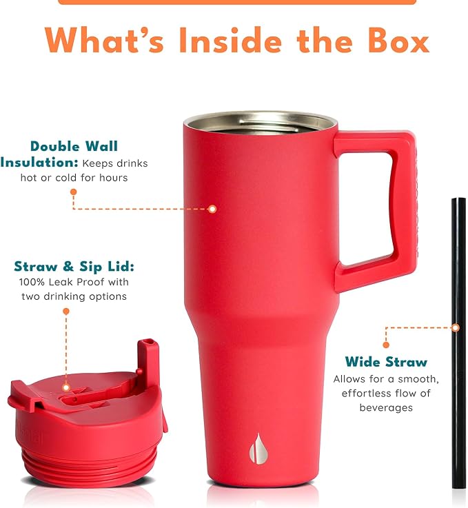 Elemental 100% Leak Proof 32oz Tumbler with Handle & Straw Travel Mug | Stainless Steel Double Wall Insulated Tumbler for Hot and Cold Beverages with Sip & Straw Lid