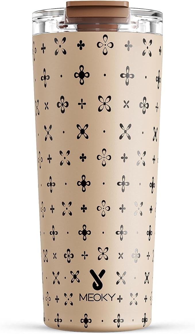 Meoky 24 oz Insulated Travel Coffee Mug: Leak Proof Lid, Mocha Cross | Stainless Steel Coffee Tumbler, Keeps Hot for 8 Hours or Cold for 24 Hours, Fits in Car Cup Holder, BPA Free