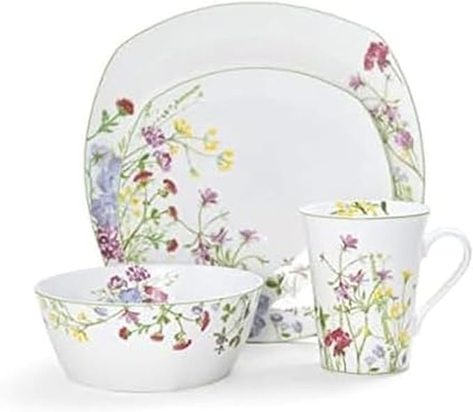 Mikasa Wildflower Garden Dinnerware Set, 16-Piece Bone China Dishes Service for 4, Square Plates and Bowls Set with Mugs, Floral Design, Dishwasher and Microwave Safe