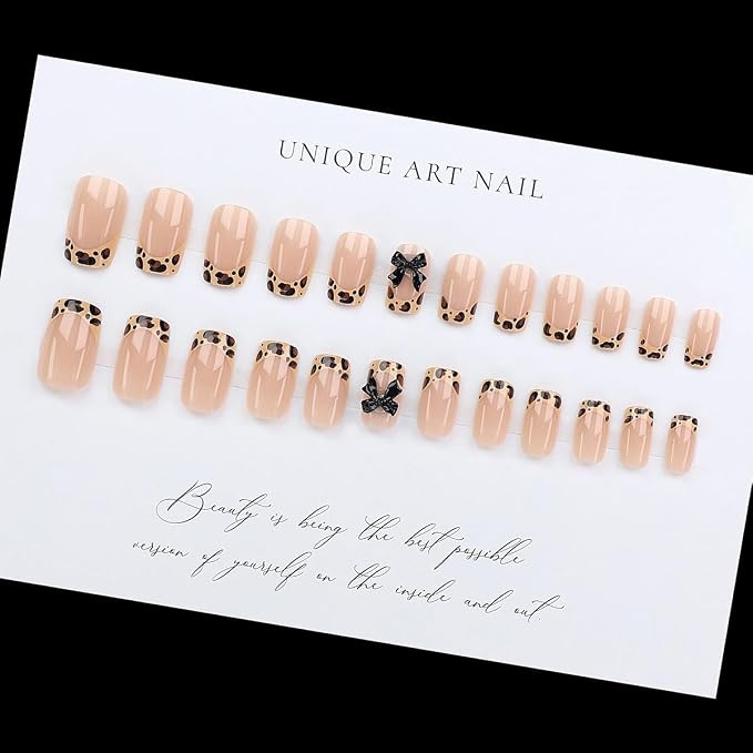 WLGDLH Medium Square Press on Nails Leopard Print French Fake Nails Press ons Nail Tips Kit 3D Black Bows Design Nude Glossy False Nails Full Cover Artificial Stick on Nail for Women 24Pcs
