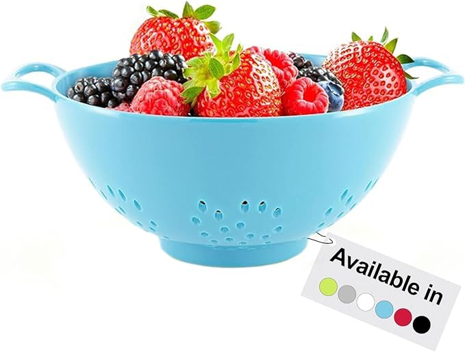 Meadow Lane 6-Inch Small Colander, 3-Cup Food Strainer, Light Blue | BPA-free, dishwasher-safe mini colander has a wide, shallow bowl, 1/8-inch holes, two handles, ring foot and smooth edges.