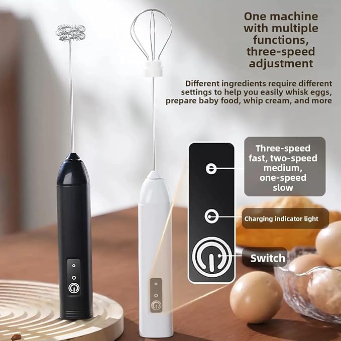 Milk Frother Handheld Rechargeable Electric Frother Wand Coffee Foam Maker with 2 Stainless Stee Whisks & 3 Speeds,Drink Mixer Handheld for for Latte, Cappuccino, Hot Chocolate, Matcha, Egg (White)