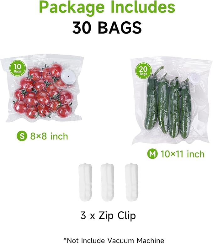 Vixino Vacuum Sealer Bags for Food, 30 Reusable BPA-Free Vacuum Seal Bags | Resealable Sous Vide Bags, Works with Handheld Vacuum Sealer and Vacuum Sealer Machine with External Interface