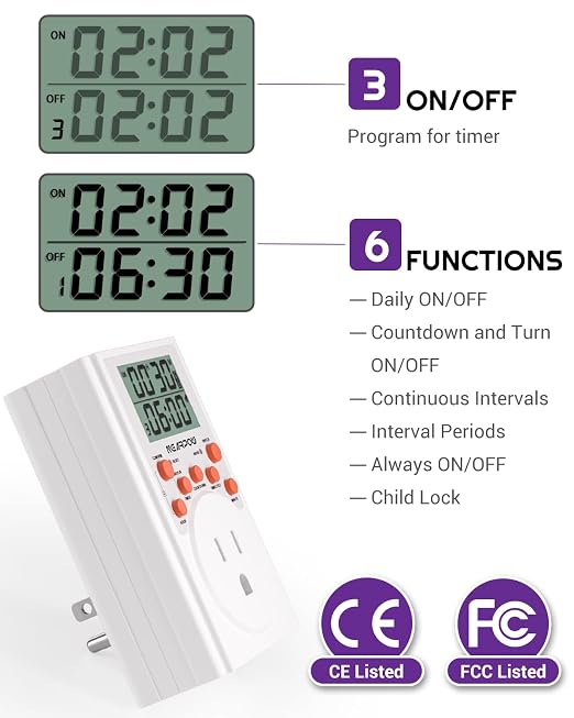 NEARPOW Infinite Cycle Digital Timer Outlet Switch, Programmable 3-Prong | Multifunctional Plug-in Electrical Timer, Energy-Saving Power Switch, Heavy Duty 15A/1800W for Household Appliances