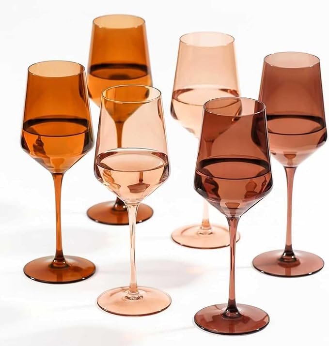 comfit Venus Wine Glasses Set of 6-14oz [Hand-Blown] Maillard-Inspired Amber & Espresso Stemware, Brown Crystal Wine Glasses, Birthday Wedding Housewarming Valentine's Day Gifts