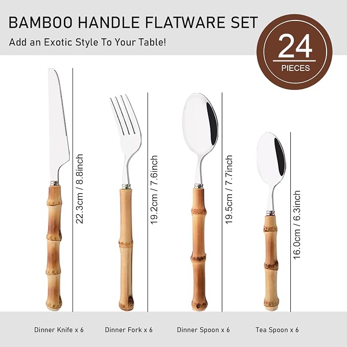 Bamboo Handle Silverware Set, 24-Piece Flatware Set for 6, Stainless Steel Cutlery Eating Utensils Include Forks Spoons and Knives for Daily Use and Party, Reusable and Modern Design