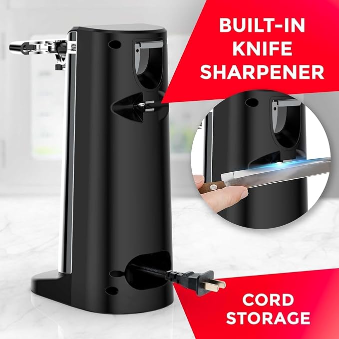 POHL SCHMITT Electric Can Opener, Knife Sharpener & Bottle Opener | Easy Push Down Lever, Works with Standard And Pop-Top Cans, Durable Stainless Steel & ABS, Kitchen Essentials and Accessories