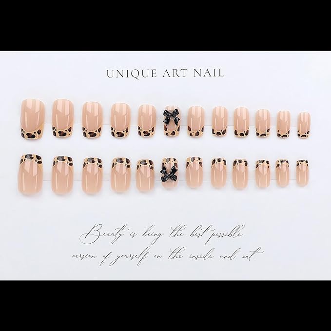 WLGDLH Medium Square Press on Nails Leopard Print French Fake Nails Press ons Nail Tips Kit 3D Black Bows Design Nude Glossy False Nails Full Cover Artificial Stick on Nail for Women 24Pcs