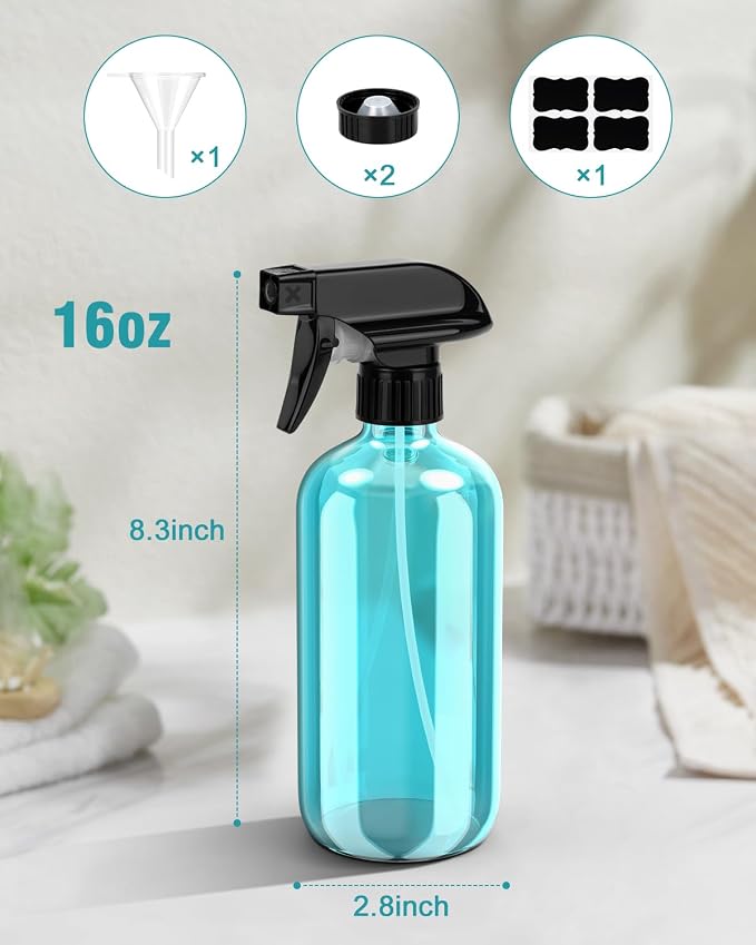 Bontip Glass Spray Bottle 16 oz for Cleaning, Plants (2 Pack, Light Blue) | 16oz refillable light blue spray bottles 2 pack, BPA-free eco glass, With label, Great for cleaners, plant misting, hair care