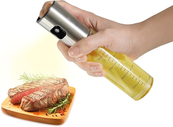 Oil Sprayer for Cooking, 3.5 OZ Olive Oil Dispenser Bottle for Kitchen Gadgets, Food, Air Fryer, Salad, Vinegar, BBQ, Stainless Steel Pump for Mist Spray, Glass Metarial Mister, 100 ML
