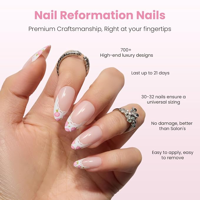 Nail Reformation Fleur de Lace Press On Nails, Medium Almond, 30 Pcs | Nude Fake Nails with Lace French Tip & Rose Floral in Glossy Finish, Gifts for Women
