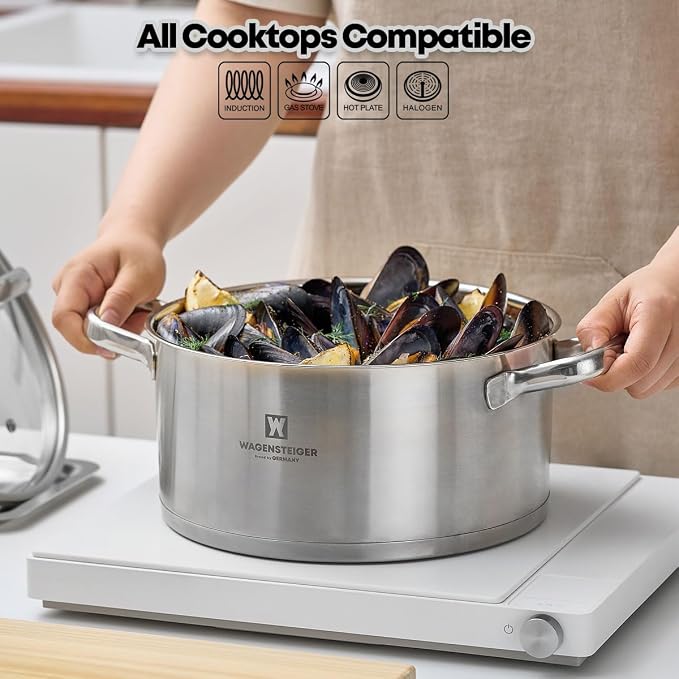 WAGENSTEIGER 7.27-Quart Dutch Oven, Stainless Steel 3-Layer Construction with Aluminum Core, Tempered Glass Lid, Spacious Stock Pot for Boiling, Stewing, Canning – For All Stovetops (9.84" Diameter)