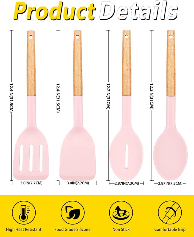 Pack of 4 Silicone Cooking Utensils Set, Non Stick Solid Spatulas and Heat Resistant Slotted Spoons with Wooden Handle, Ideal Wood Kitchen Utensils Set for Frying,Serving,Turning,Stirring (PINK)