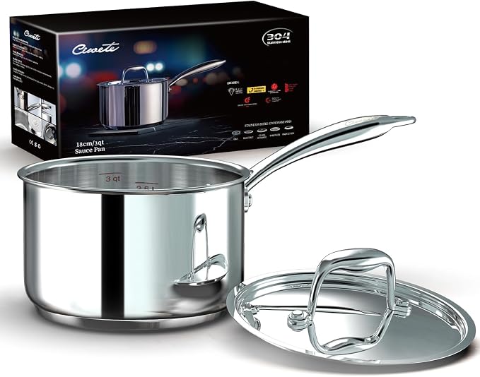 Ciwete 3 Qt Saucepan with Lid - Upgraded Package - 3 Quart 18/10 Stainless Steel Sauce Pan with Mirror Polishing and 2 Sacles, Induction Cookware, Small Pot for Cooking, Dishwasher Safe Oven Safe