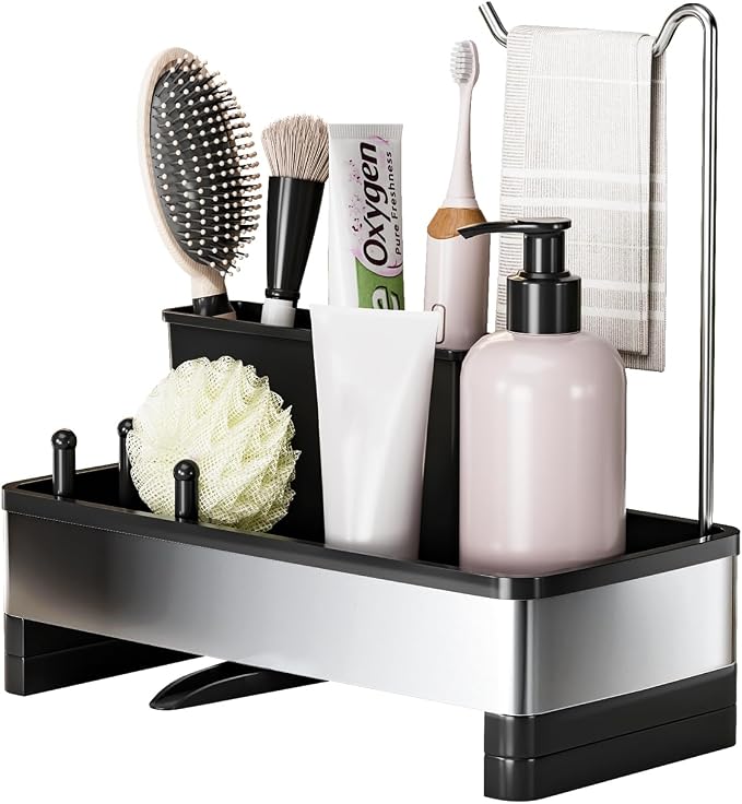 Ewaiira Sponge Holder for Kitchen Sink, Stainless Steel Sink Caddy | with Brush Holder & Dishcloth Rack, Countertop Sink Organizer, Soap Dispenser Kitchen Organizers Storage (D-Black 9.8″)