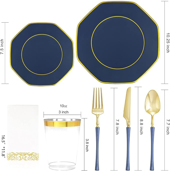 KIRE 140Pcs Blue Plastic Plates with Gold Rim - Navy Blue Plates for Party | Include 40pcs Blue and Gold Plates, Gold Plastic Silverware with Blue Handle&Clear Cups&Hand Napkin for Wedding