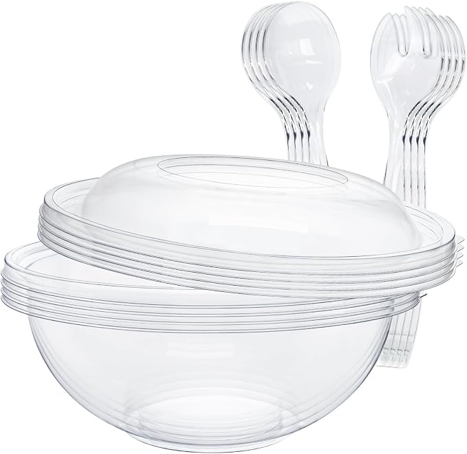 EcoDispose 160 oz Clear Disposable Round Plastic Salad Bowl Sets, 16 Pcs | 4 Sets with Lids, Spoons & Forks, Heavy-Duty Salad Serving Bowl for Catering & Parties