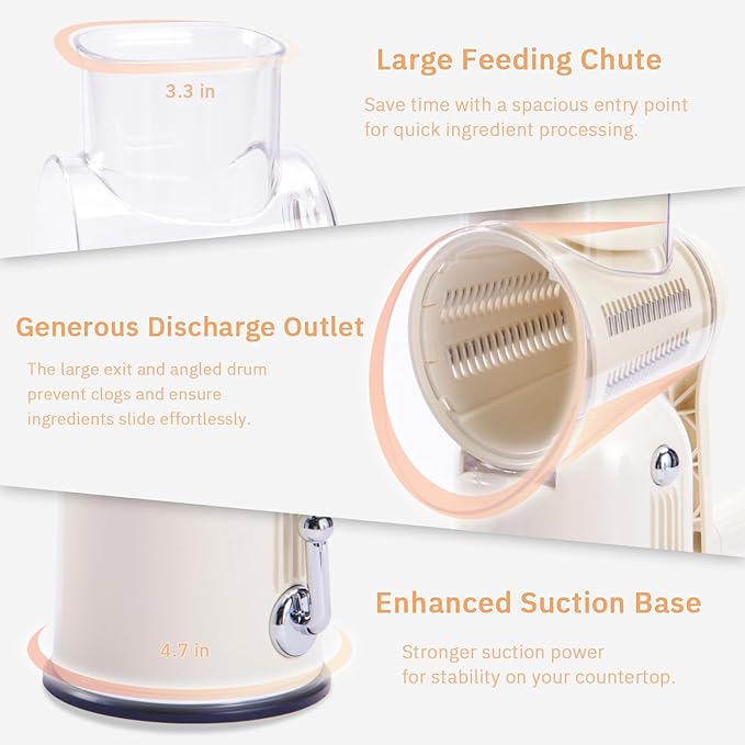 ENERGEVITY Hand Crank Rotary Cheese Grater, 5-in-1 Vegetable Slicer (White) | Easy to clean.Strong suction base.Internal barrel keeps hands away from blades.BPA-free food-grade ABS plastic.