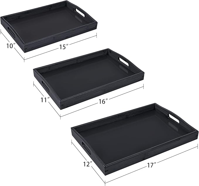 3 Pack Bamboo Serving Trays with Handles, Wooden Food Trays (Black | Bamboo Food Trays, Perfect For Breakfast In Bed, Sofa Dining, Serving Drinks, Snacks, And Everyday Organization