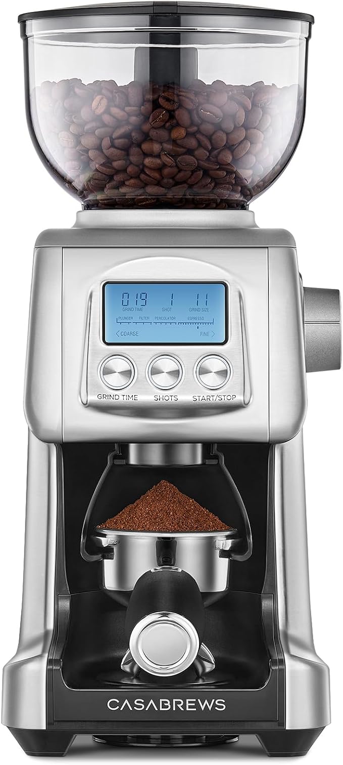 CASABREWS Tornado Electric Conical Burr Coffee Grinder with LCD Display | 77 Precision Grind Settings for French to Espresso, LCD Display, Custom Grind Time, Durable Stainless Steel Design for Home
