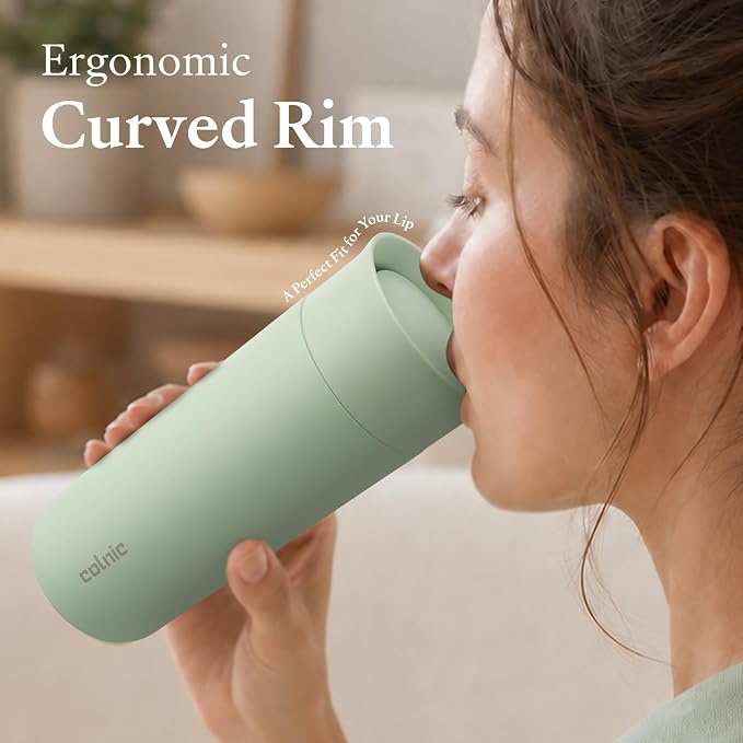 Ceramic Lined Travel Coffee Mug 360° Lid, 16 oz Insulated Coffee Tumbler | Leak Proof, Fits Cupholder, Stainless Steel Vacuum, Keep Hot and Cold, Women Gifts Cup, 360° Sip Push-Button, Dusty Lilac,