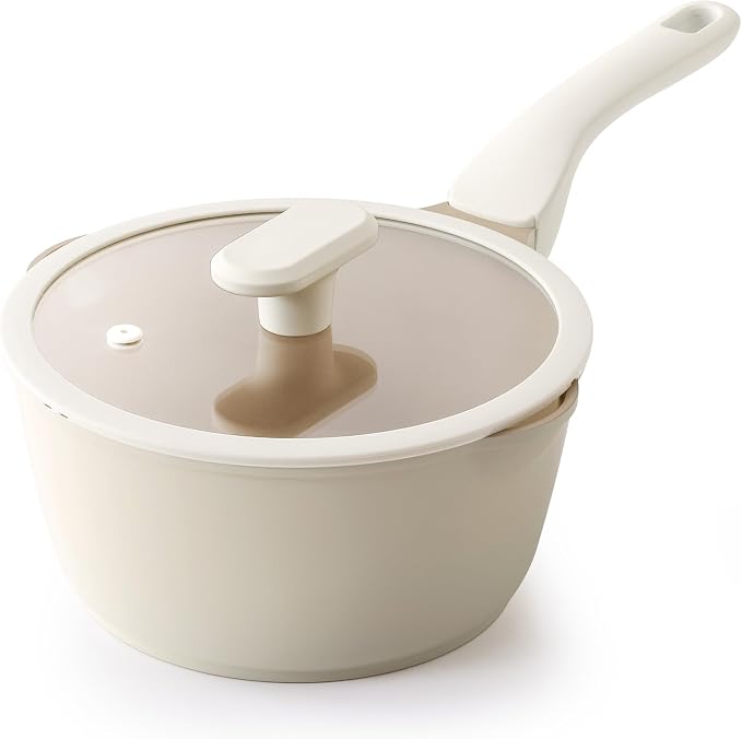 PRICUSIS Ceramic Nonstick Saucepan with Lid, 2.7 Quart Non Toxic Pot with Pour Spouts, Full Coated, 100% Dishwasher Safe, Induction Compatible, PTFE PFAS & PFOA Free, Coconut White