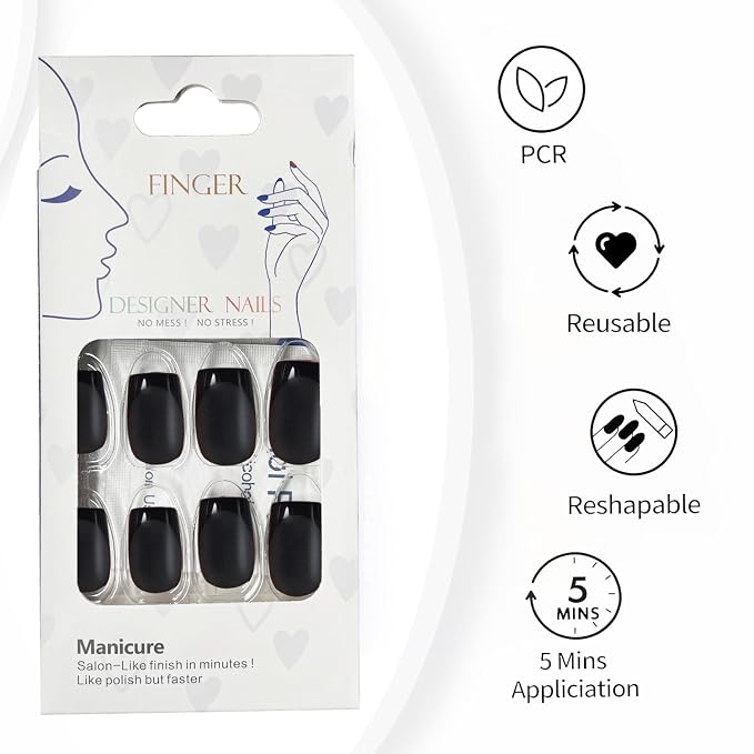 Press On Nails,Black,Short Square,Glossy French Tips With Matte | Salon-Quality Natural Nails, 10-Minute Easy Daily Application,2+ Weeks Wear, Fast Removal, 16 Sizes, All-in-One Complete Kit