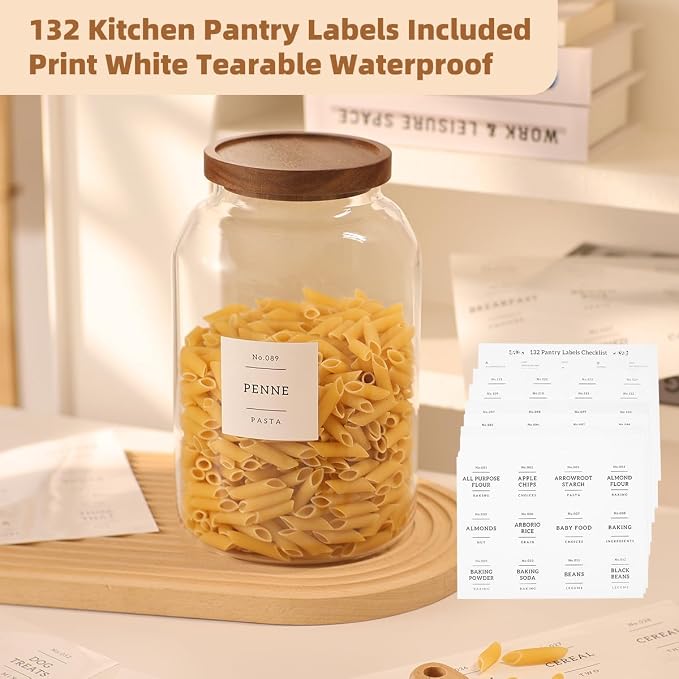 2 Pack Large Glass Flour and Sugar Storage Containers with Airtight Acacia Wood Lids and 132 Kitchen Pantey Labels Preprint - 1 Gallon Borosilicate Glass Canister Sets for Food,Pasta,Cookie,Rice