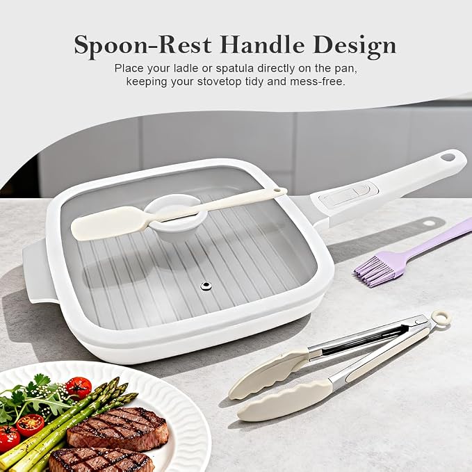 RANX INGST Nonstick Ceramic Griddle Pan with Lid, 10 Inch Steak Pan- White | Detachable Handle Induction Compatible