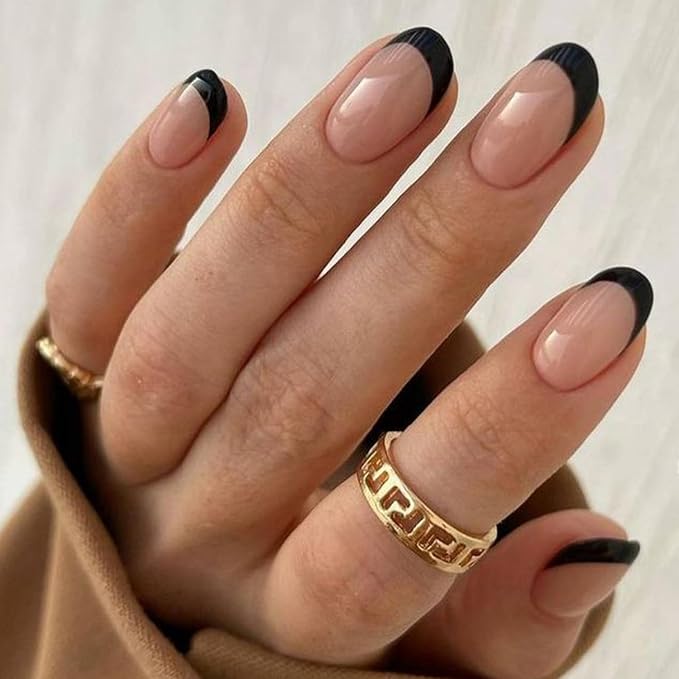 modelones Black French Tip Press On Nails, Short Oval Fake Nails Press Ons | with Nail Glue, Adhesive Tabs, Nail File, Prep Pad, Manicure Stick, 32Pcs 16 Sizes, Women Girl Gift