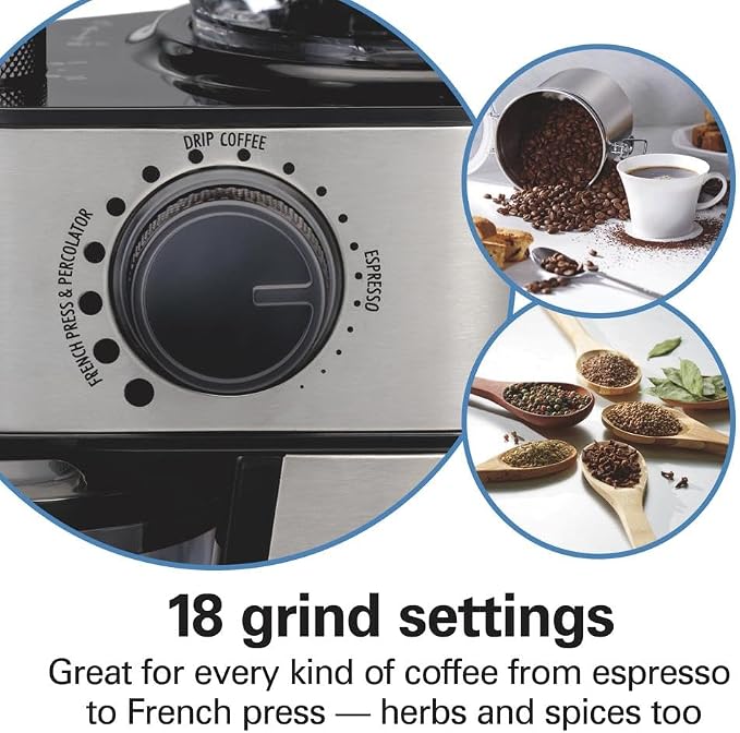 Hamilton Beach Electric Burr Coffee Grinder with Large 16oz Hopper & 18 Settings For 2-14 Cups, Stainless Steel (80385) (Pack of 2)