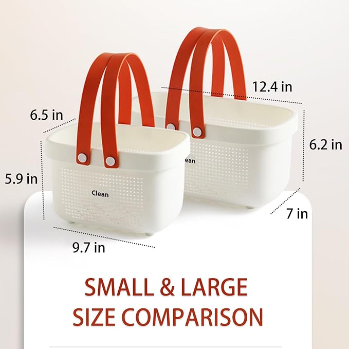 Portable Shower Caddy Basket with Handle Plastic Storage Basket Small White | Sturdy Drainage Large Capacity Organizer Basket with Silicone Handles for Bathroom Kitchen Bedroom College Dorm Essentials
